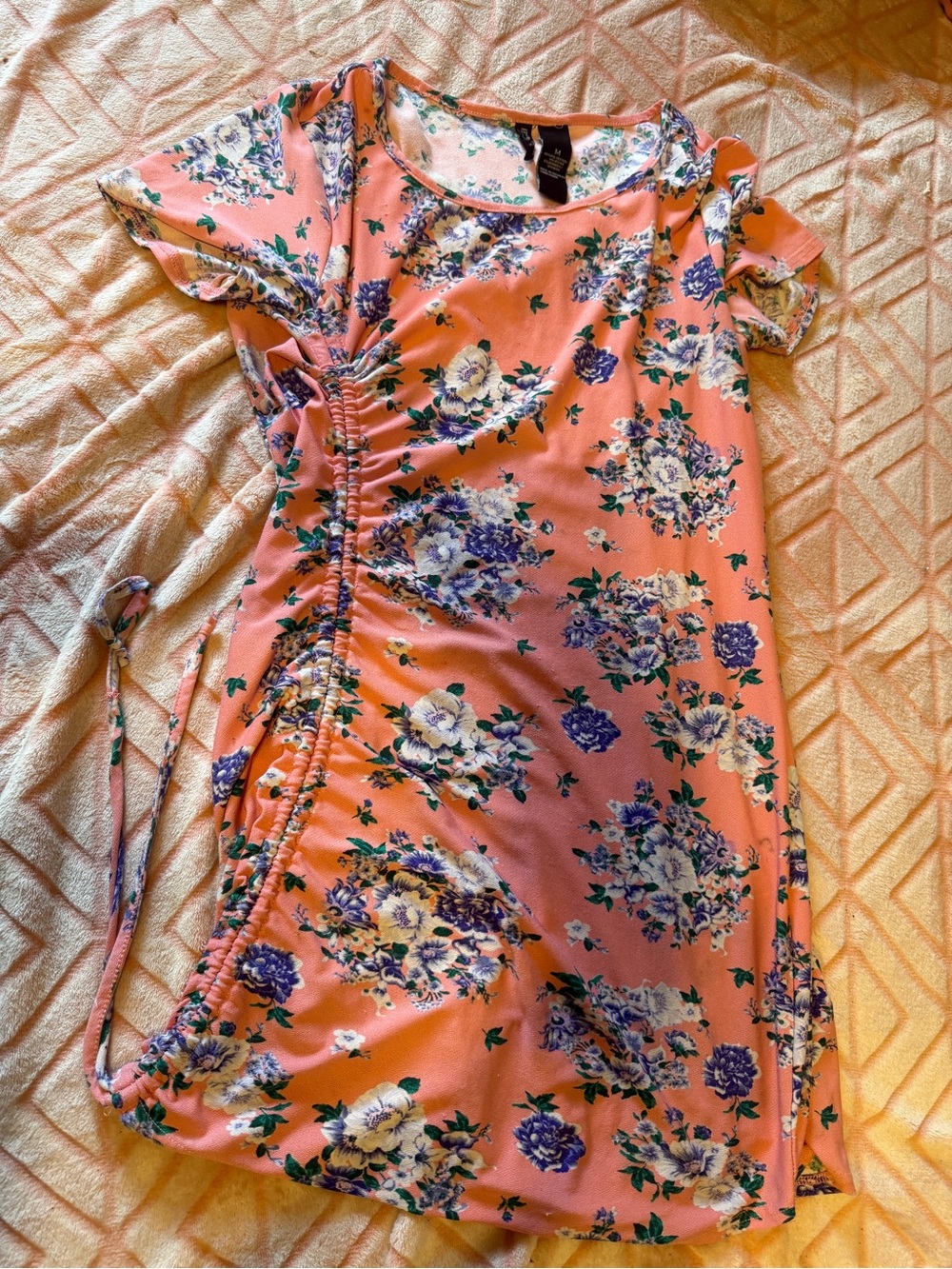 Floral Ruched Side Mini Dress in Coral Pink